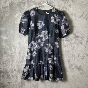 Hutch Rayan Mini Dress Navy Vining Buds Floral Ruffle Hem Puff Sleeve Small New